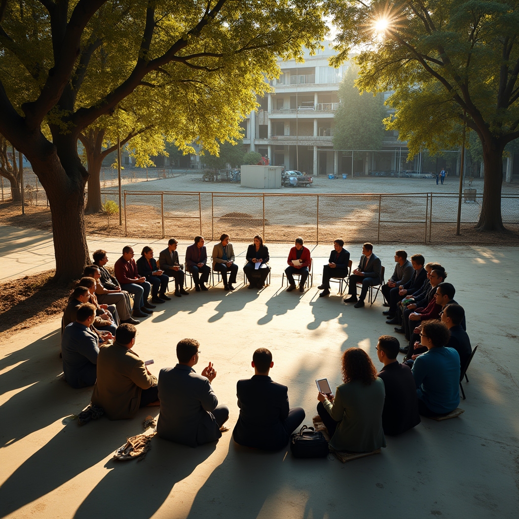 Aerial view of community meeting around construction site